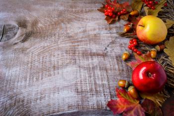 Border of apples, berries and fall leaves on the rustic wooden background. Thanksgiving background with seasonal berries and fruits.  Copy space