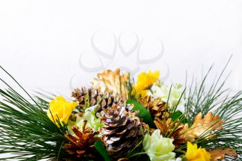 Christmas background with pine branches and golden fir cones. Christmas greeting with golden decor. Copy space. 