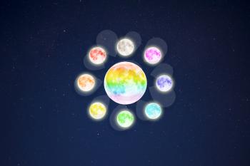 Circle of rainbow colored full moons on starry sky background. Full moon and stars.