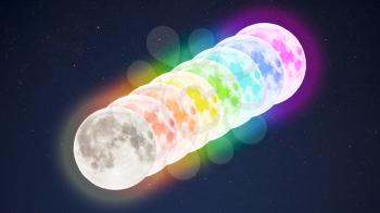 Diagonal row of multicolored full moons on starry sky background. Tolerance concept.