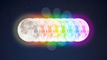 Rainbow colored full moons on starry sky background. Full moon and stars.