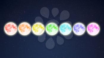 Row of rainbow colored full moons on starry sky background. Full moon and stars.