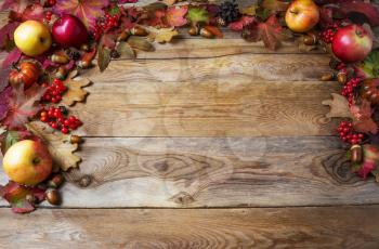Thanksgiving concept with apples, acorns, berries and fall leaves. Thanksgiving background with seasonal berries and fruits. Fall concept.