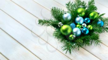 Christmas dinner table centerpiece with blue glitter ornaments. Christmas party decoration with shiny balls. Christmas greeting background. Copy space. 