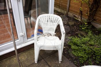 Dirty garden plastic chairs ready for cleaning. Home improvements and renovations. Plastic objects in the garden. Old and used garden furniture. White plastic garden chair.