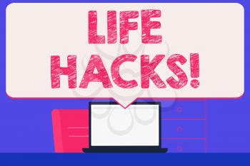Text sign showing Life Hacks. Business photo showcasing technique adopted analysisage ones time and daily activities Blank Huge Speech Bubble Pointing to White Laptop Screen in Workspace Idea