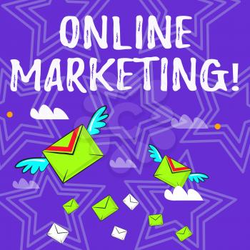 Text sign showing Online Marketing. Business photo text leveraging web based channels spread about companys brand Many Colorful Airmail Flying Letter Envelopes and Two of Them with Wings