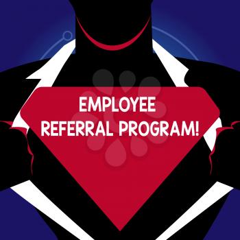Writing note showing Employee Referral Program. Business concept for internal recruitment method employed by organizations Man Opening his Shirt to reveal the Blank Triangular Logo