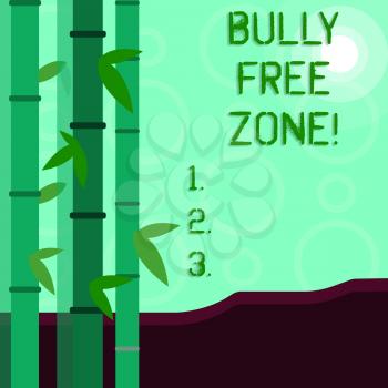 Conceptual hand writing showing Bully Free Zone. Concept meaning creating abuse free school college life Colorful Set of Leafy Bamboo and Moon or Sun with Round Beam