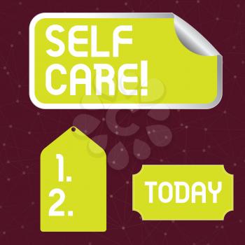 Handwriting text writing Self Care. Conceptual photo practice of taking action preserve or improve ones own health Blank Color Label, Self Adhesive Sticker with Border, Bended Corner and Tag