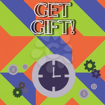 Word writing text Get Gift. Business photo showcasing something that you give without getting anything in return Time Management Icons of Clock, Cog Wheel Gears and Dollar Currency Sign