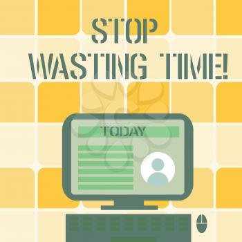Conceptual hand writing showing Stop Wasting Time. Concept meaning advising demonstrating or group start planning and use it wisely Computer Mounted on Stand with Online Profile Data on Screen