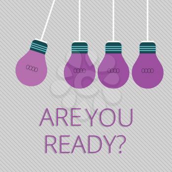 Word writing text Are You Readyquestion. Business photo showcasing Prepare well to face upcoming business changes Color Incandescent Pendant Bulb Hanging with One Different Shade Lightbulb