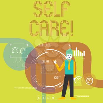 Writing note showing Self Care. Business concept for practice of taking action preserve or improve ones own health Man Holding Pen Pointing to Chart Diagram SEO Process Icons