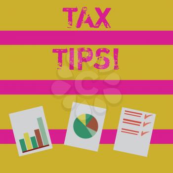 Word writing text Tax Tips. Business photo showcasing compulsory contribution to state revenue levied by government Presentation of Bar, Data and Pie Chart Diagram Graph Each on White Paper