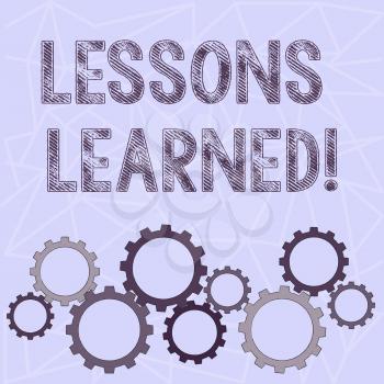 Conceptual hand writing showing Lessons Learned. Concept meaning experiences distilled project that should actively taken Colorful Cog Wheel Gear Engaging, Interlocking and Tesselating