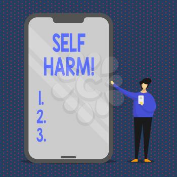 Conceptual hand writing showing Self Harm. Concept meaning deliberate injury typically analysisifestation psychological Man Presenting Huge Smartphone while Holding Another Mobile