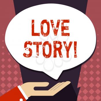 Text sign showing Love Story. Business photo showcasing novel about relationship between two demonstratings analysis Palm Up in Supine Position for Donation Hand Sign Icon and Speech Bubble