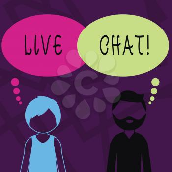 Text sign showing Live Chat. Business photo showcasing Web service that allows businesses or friends to communicate Bearded Man and Woman Faceless Profile with Blank Colorful Thought Bubble