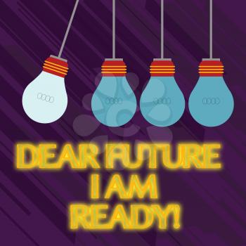 Word writing text Dear Future I Am Ready. Business photo showcasing state action situation being fully prepared Color Incandescent Pendant Bulb Hanging with One Different Shade Lightbulb