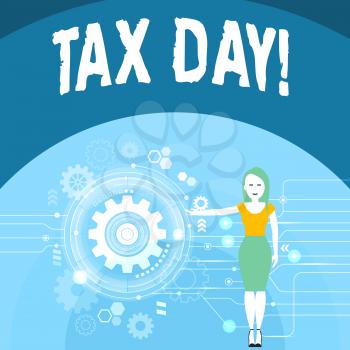 Writing note showing Tax Day. Business concept for colloquial term for time on which individual income tax returns Woman Presenting the SEO Process with Cog Wheel Gear inside