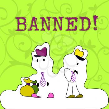 Conceptual hand writing showing Banned. Concept meaning Ban steroids, No excuse for building Muscles. Figure of Two Men Standing with Pouch Bag White Snow Effect