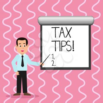 Text sign showing Tax Tips. Business photo text compulsory contribution to state revenue levied by government Man in Necktie Talking Holding Stick Pointing to Blank White Screen on Wall