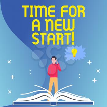 Text sign showing Time For A New Start. Business photo text something is supposed to begin right now Fresh job Man Standing Behind Open Book, Hand on Head, Jagged Speech Bubble with Bulb