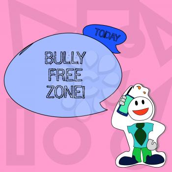 Conceptual hand writing showing Bully Free Zone. Concept meaning creating abuse free school college life Man in Necktie Holding Smartphone to Head in Sticker Style
