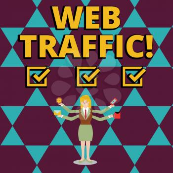 Text sign showing Web Traffic. Business photo showcasing amount of data sent and received by visitors to website Businesswoman with Four Arms Extending Sideways Holding Workers Needed Item