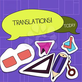Handwriting text Translations. Conceptual photo Written or printed process of translating words text voice Two Blank Colorful Speech Balloon and Different Labels Sticker Style Icons