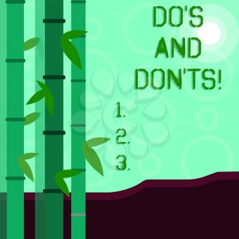 Conceptual hand writing showing Do S And Don Ts. Concept meaning What can be done and what cannot be knowing right wrong Colorful Set of Leafy Bamboo and Moon or Sun with Round Beam