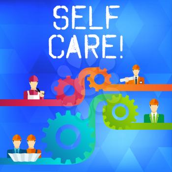 Text sign showing Self Care. Business photo text practice of taking action preserve or improve ones own health Cog Gear Setting Icon Connecting Men from Different Professional Character