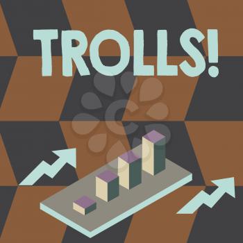 Writing note showing Trolls. Business concept for Online troublemakers posting provocative inflammatory messages Clustered 3D Bar Chart Graph in Perspective with Two Arrows