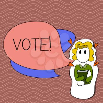 Word writing text Vote. Business photo showcasing Formalized decision on important matters electing Girl Holding Book with Small Hearts Around her and Two Color Speech Bubble