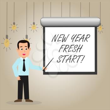 Writing note showing New Year Fresh Start. Business concept for Time to follow resolutions reach out dream job Man in Necktie Holding Stick Pointing White Screen on Wall