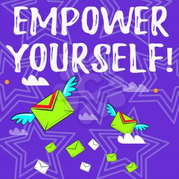 Text sign showing Empower Yourself. Business photo text taking control of our life setting goals and making choices Many Colorful Airmail Flying Letter Envelopes and Two of Them with Wings