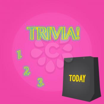 Text sign showing Trivia. Business photo showcasing Pieces of insignificant info of something someone someplace Color Gift Bag with Punched Hole but Without Handle on Twotone Blank Space