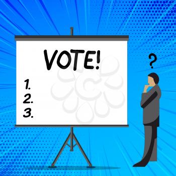 Word writing text Vote. Business photo showcasing Formalized decision on important matters electing Businessman with Question Mark Above his Head Standing Beside Blank Screen