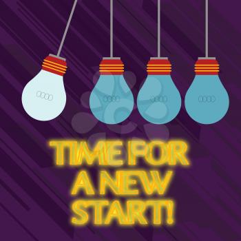 Word writing text Time For A New Start. Business photo showcasing something is supposed to begin right now Fresh job Color Incandescent Pendant Bulb Hanging with One Different Shade Lightbulb