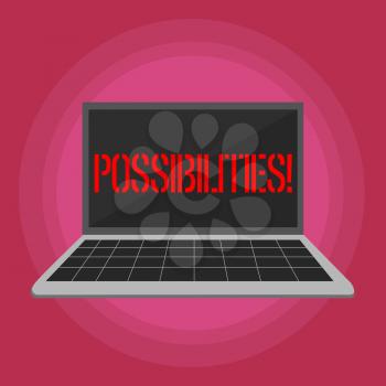 Text sign showing Possibilities. Business photo text Things that may happen or be the case State of being possible Laptop with Grid Design Keyboard and Blank Black Screen on Pastel Backdrop