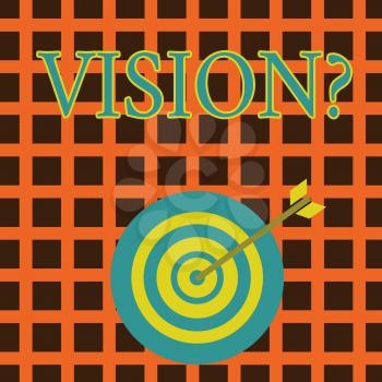 Handwriting text Visionquestion. Conceptual photo Company commitment describing future realistic state Color Dart Board in Concentric Style with Arrow Hitting the Center Bulls Eye