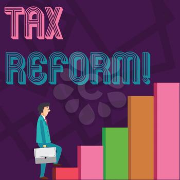 Conceptual hand writing showing Tax Reform. Concept meaning process of changing way taxes are collected by government Man Carrying a Briefcase in Pensive Expression Climbing Up