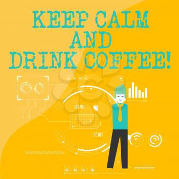 Text sign showing Keep Calm And Drink Coffee. Business photo showcasing encourage demonstrating to enjoy caffeine drink and relax Man Standing Holding Pen Pointing to Chart Diagram with SEO Process Icons