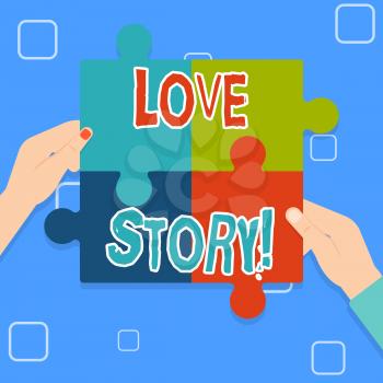Writing note showing Love Story. Business concept for novel about relationship between two demonstratings analysis Multi Color Jigsaw Puzzle Pieces Put Together by Human Hands