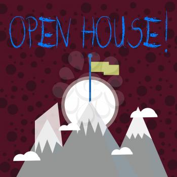 Text sign showing Open House. Business photo showcasing place or situation in which all visitors are welcome come Three High Mountains with Snow and One has Blank Colorful Flag at the Peak