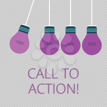 Word writing text Call To Action. Business photo showcasing most important part of online digital marketing campaign Color Incandescent Pendant Bulb Hanging with One Different Shade Lightbulb