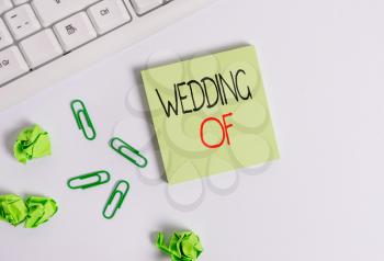 Handwriting text Wedding Of. Conceptual photo announcing that analysis and woanalysis now as married couple forever Square empty green note paper with pencil on the white background and pc keyboard