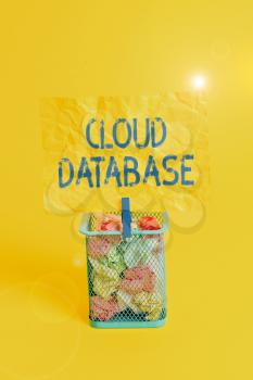 Text sign showing Cloud Database. Business photo text optimized or built for a virtualized computing environment Trash bin crumpled paper clothespin empty reminder office supplies yellow