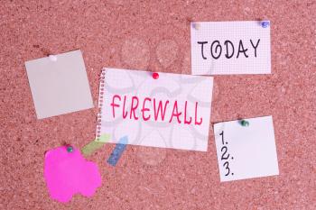 Word writing text Firewall. Business photo showcasing protect network or system from unauthorized access with firewall Corkboard color size paper pin thumbtack tack sheet billboard notice board